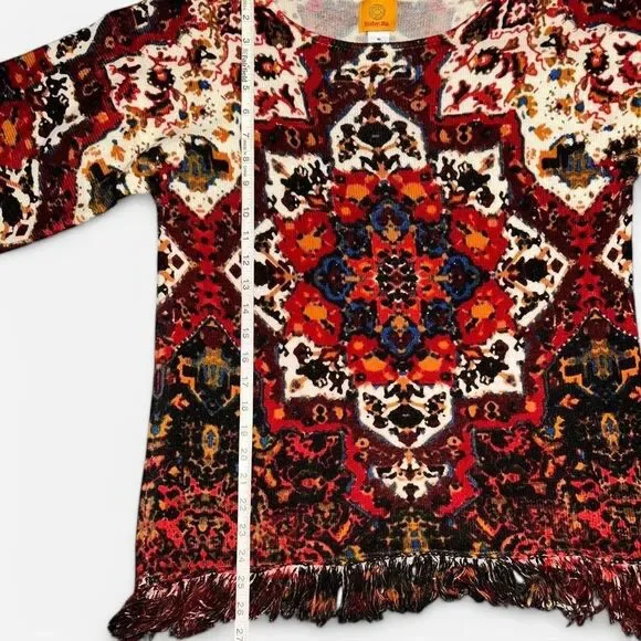 Burgundy and Red Tapestry Short Sleeve Knit Top with Bottom Hem Fringe - Picture 8 of 8